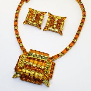 Vintage KRAMER OF NEW YORK Art Deco Yellow Orange Rhinestone Necklace Earrings